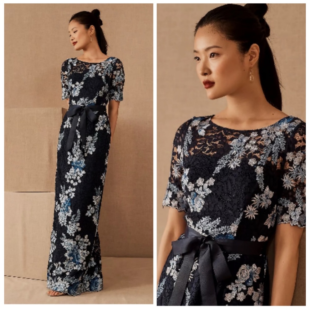 Adrianna Papell Navy Floral Lace Column Maxi Gown Short Sleeve NWT 2 - Picture 2 of 10